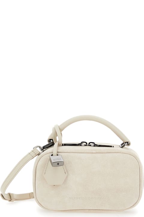Fashion for Women Brunello Cucinelli 'boston Explorer' White Crossbody Bag With Removable Metal Padlock Charm In Suede Woman