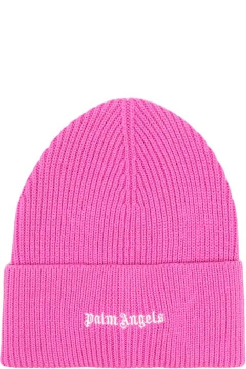Accessories for Women Palm Angels Fuchsia Wool Blend Beanie With White Logo