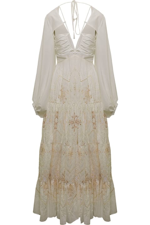 Mario Dice Woman's   Cotton And Silk White Embroidered  Long Dress