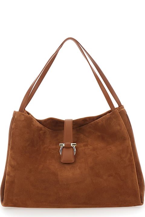 Ferragamo لـ Kids Ferragamo Brown Shoulder Bag With Two Top Handles And Gancini Plaque On The Front In Suede Woman