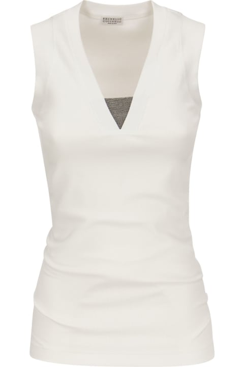 Brunello Cucinelli for Women Brunello Cucinelli Stretch Cotton Ribbed Jersey Top With Precious Insert