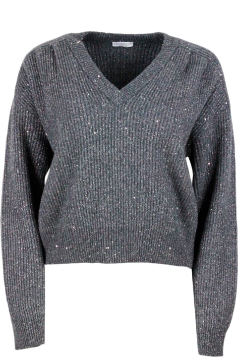 Long-sleeved V-neck Sweater In Cashmere And Wool