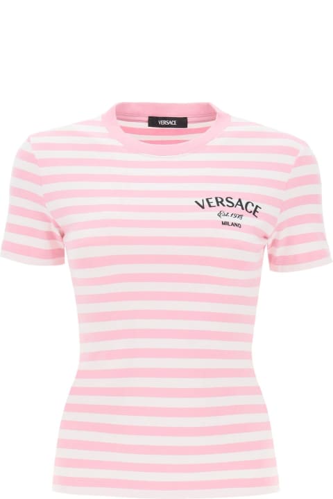 Versace Topwear for Women Versace Logo-embroidered Crewneck Striped T-shirt