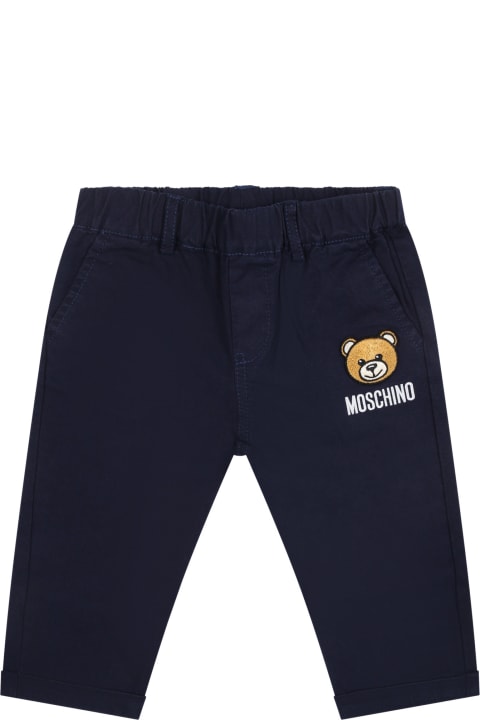 Bottoms for Baby Girls Moschino Blue Trousers For Baby Boy With Teddy Bear And Logo