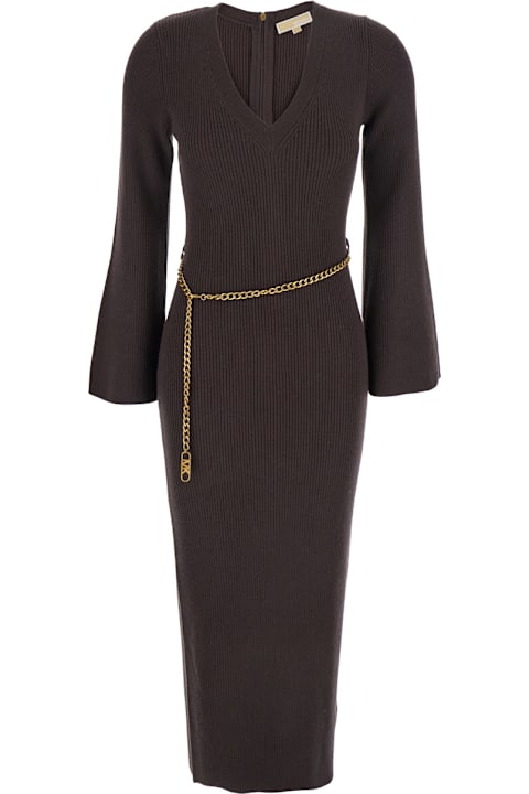 MICHAEL Michael Kors for Men MICHAEL Michael Kors Brown Dress With Chain Belt And Logo Plaque On The Rear In Wool Blend Stretch Woman