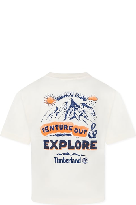 Timberland Topwear for Boys Timberland Ivory T-shirt For Boy With Logo And Landscape