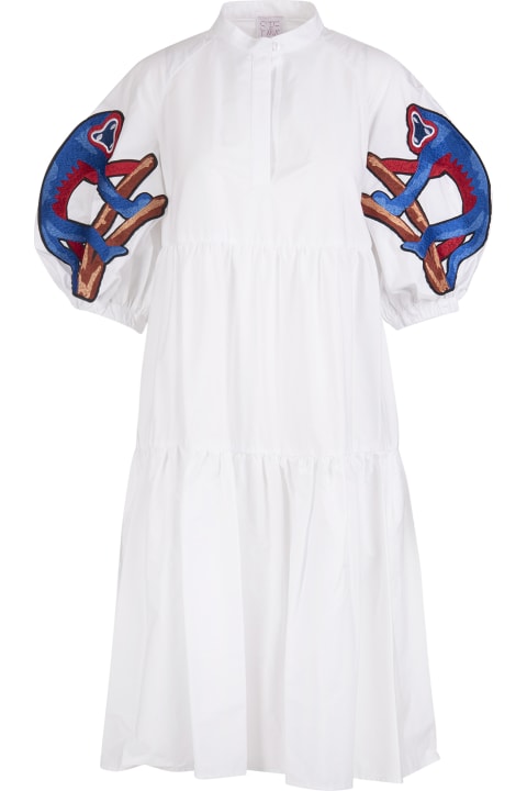 White Midi Shirt Dress With Macaque Embroidery