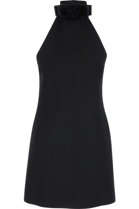 Black Mini Dress With Floral Detail In Wool Woman
