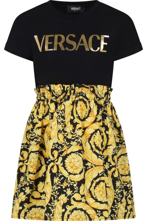 ガールズ ワンピース＆ドレス Versace Black Dress For Girl With Versace Logo And Baroque Print