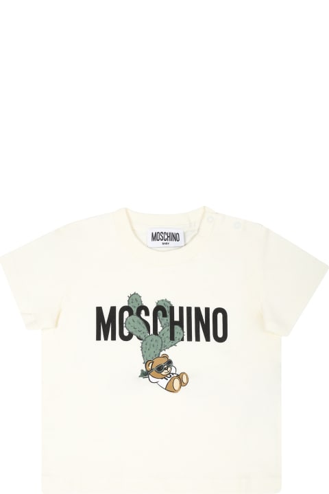 Fashion for Baby Boys Moschino Ivory T-shirt For Baby Boy With Teddy Bear And Cactus