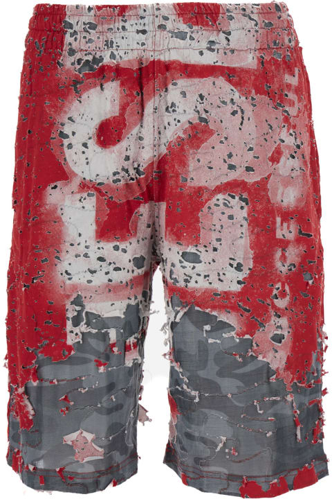 Diesel Pants for Men Diesel Red And Grey Shorts With Logo Print In Destroyed Jersey Man