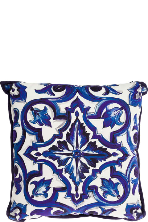 Blue And White Small Cushion With Blue Mediterranean Print In Cotton Dolce & Gabbana
