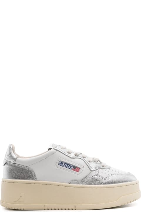Shoes for Women Autry White And Silver Medalist Platform Low Sneakers