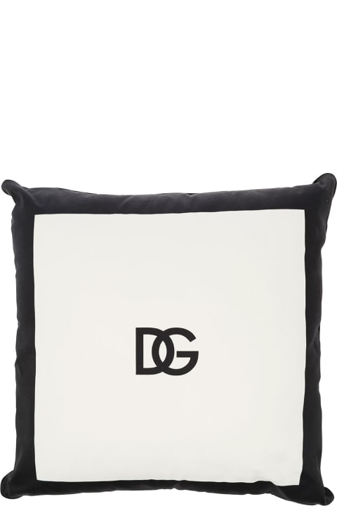 Home Décor Dolce & Gabbana White And Black Cushion With Contrasting Dg Logo Print In Cotton