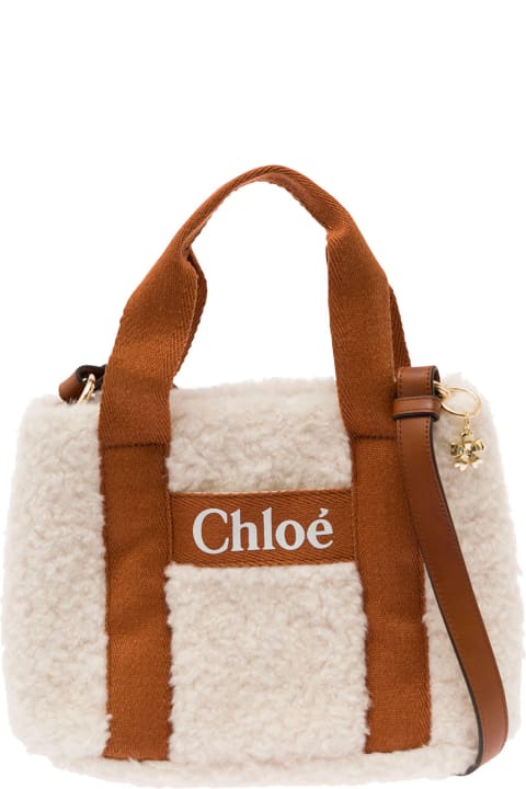 Brown And White Shoulder Bag With Logo Detail And Charm In Teddy Girl