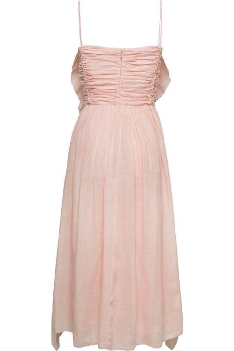 Short Pink Dress With Rouches And Bow Detail In Ramie Woman