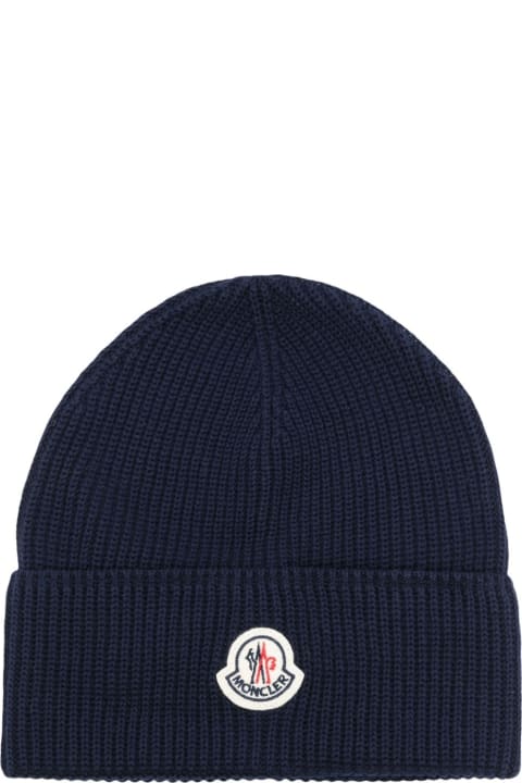 Moncler Accessories for Men Moncler Navy Blue Cotton Beanie With Logo