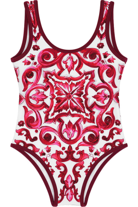 Dolce & Gabbana Swimwear for Baby Girls Dolce & Gabbana One Piece Swimsuit With Fuchsia Majolica Print