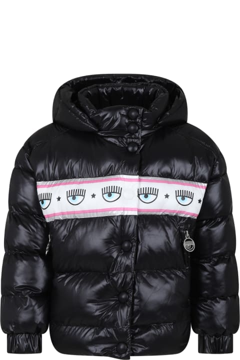 Chiara Ferragni Coats & Jackets for Girls Chiara Ferragni Black Down Jacket For Girl With Eyes Flirting