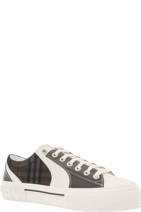 Brown Sneakers Wth Vintage Check Mesh Motif In Calf Leather And Cotton