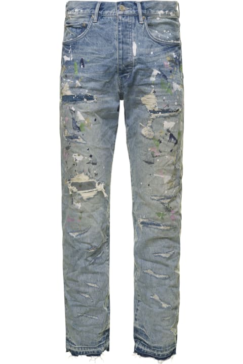 Purple Brand Clothing for Men Purple Brand Light Blue Wrinkled Jeans With Rips And Paint Stains In Cotton Denim Man Purple Brand