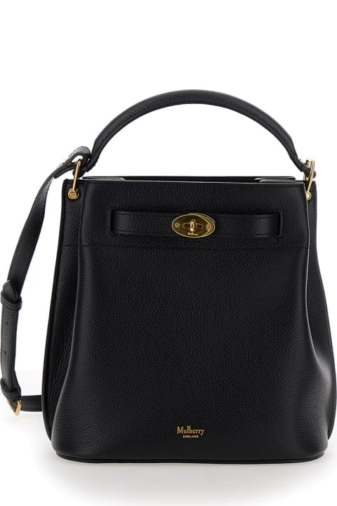 ウィメンズ新着アイテム Mulberry 'small Islington' Black Bucket Bag With Twist Lock Closure In Hammered Leather Woman