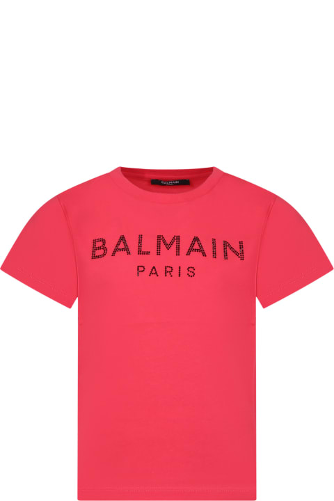 ガールズのセール Balmain Fuchsia T-shirt For Girl With Logo And Rhinestones