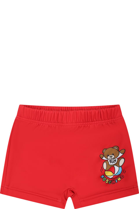 Moschino for Kids Moschino Red Swimsuit For Baby Boy With Teddy Bear And Multicolor Logo