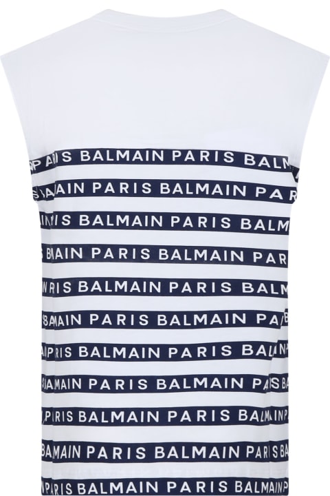 Fashion for Kids Balmain White Sleveless T-shirt For Kids With Blue Stripes And Logo