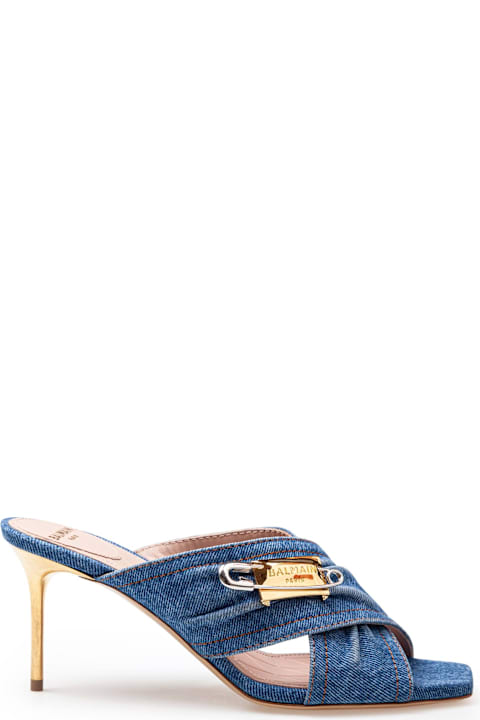 Balmain Sandals for Women Balmain Balmain Safety Mule In Denim Fabric With Applied Pin