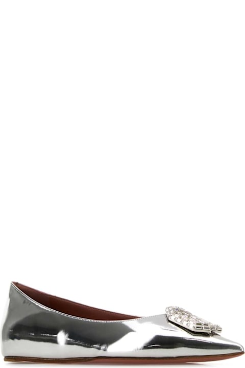 آخر صيحات الموضة من السيدات Amina Muaddi Silver Leather Camelia Ballerinas