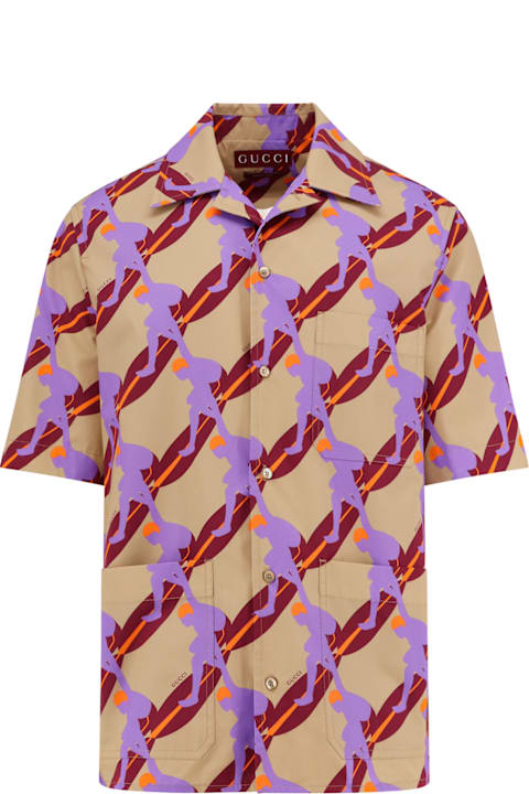 Clothing Sale for Men Gucci Bowling Cotton Popeline Shirt With All-over Surfer Print