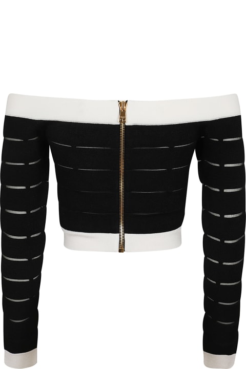 Balmain Sweaters for Women Balmain Ls Off Shoulder Buttoned Knit Crop Top