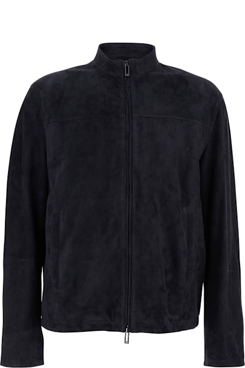 Homeware Emporio Armani Blue Jacket With High Collar And Logo Patch On The Back