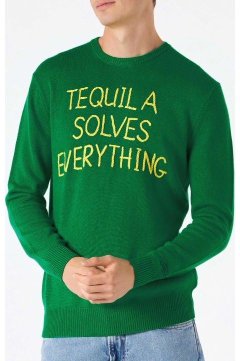 MC2 Saint Barth Men MC2 Saint Barth Man Green Sweater With Tequila Solves Everything Embroidery
