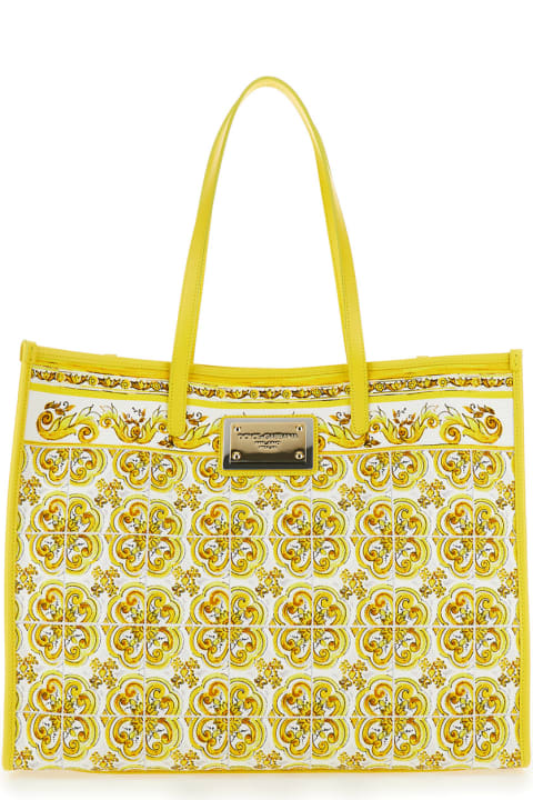 ウィメンズ Dolce & Gabbanaのトートバッグ Dolce & Gabbana Yellow And White Tote Bag With Majolica Print And Logo Plaque In Cotton Woman