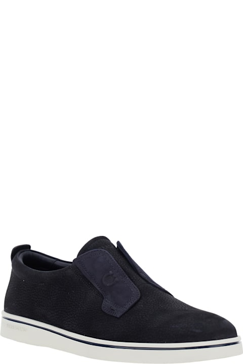 Homeware Ferragamo 'alfie' Blue Laceless Oxford Shoes With Round Toe In Grained Leather Man