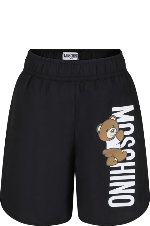 Moschino Kids Moschino Black Swim Shorts For Boy With Teddy Bear And Logo