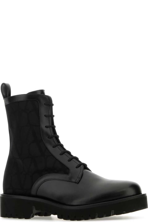 メンズ Valentino Garavaniのブーツ Valentino Garavani Black Toile Iconographe And Leather Ankle Boots