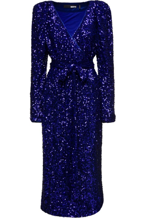 Rotate by Birger Christensen Women Rotate by Birger Christensen Long Blue Wrap Dress With All-over Sequins In Stretch Polyester Woman Rotate