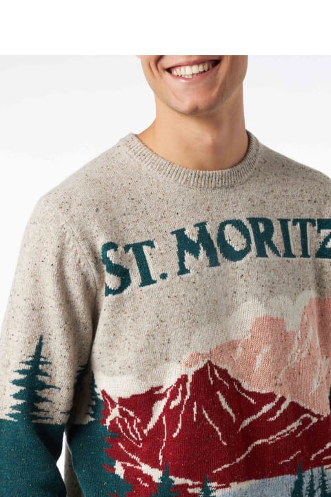 インテリア MC2 Saint Barth Crewneck Donegal Sweater Heron With St. Moritz Postcard Jacquard