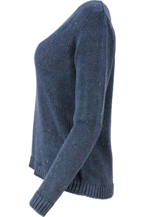 ウィメンズ Fabiana Filippiのニットウェア Fabiana Filippi V-neck Sweater In Cotton And Linen With Woven Sequins Open On The Shoulder