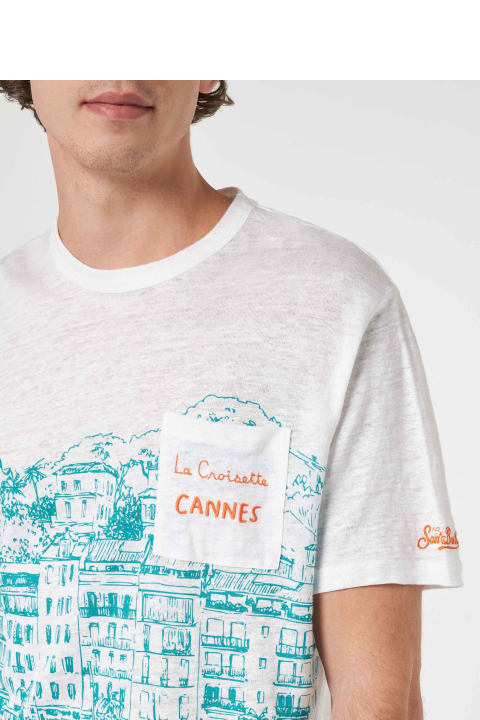 Homeware MC2 Saint Barth Man Linen Jersey T-shirt Ecstasea With Cannes Placed Print And Embroidered Pocket