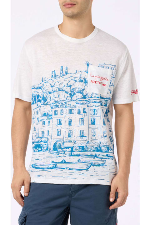 Homeware MC2 Saint Barth Man Linen Jersey T-shirt Ecstasea With Portofino Placed Print And Embroidered Pocket