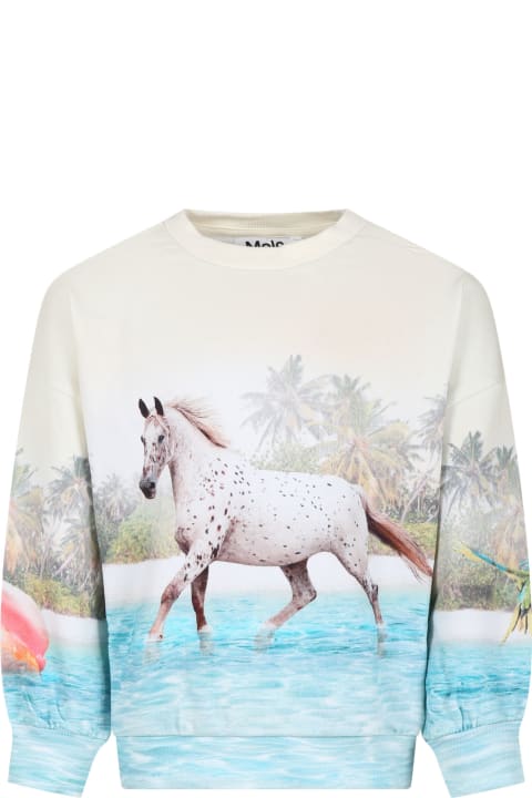 ガールズ Moloのトップス Molo Ivory Sweatshirt For Girl With Horses Print