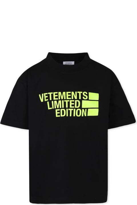 VETEMENTS T-Shirts & Polo Shirts for Boys VETEMENTS Black T-shirt For Kids With Neon Yellow Logo