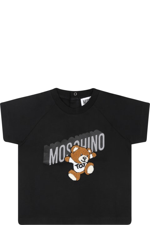 Topwear for Baby Girls Moschino T-shirt Nera Per Neonati Con Teddy Bear E Logo