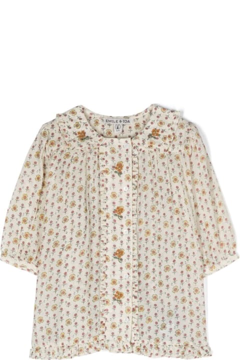Beige Shirt With All-over Floreal Print In Cotton Girl