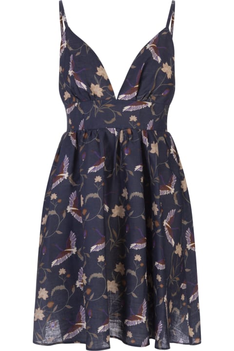 Margherita Short Dress In Navy Blue Linen With Heron Print