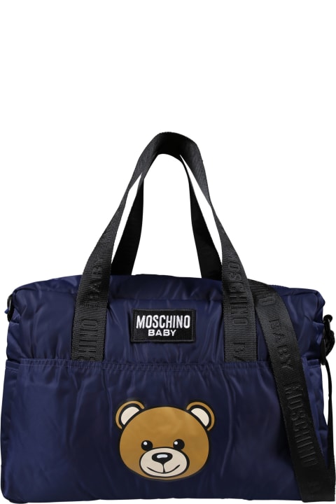 Fashion for Baby Girls Moschino Blue Mom Bag For Babies With Teddy Bear And Logo